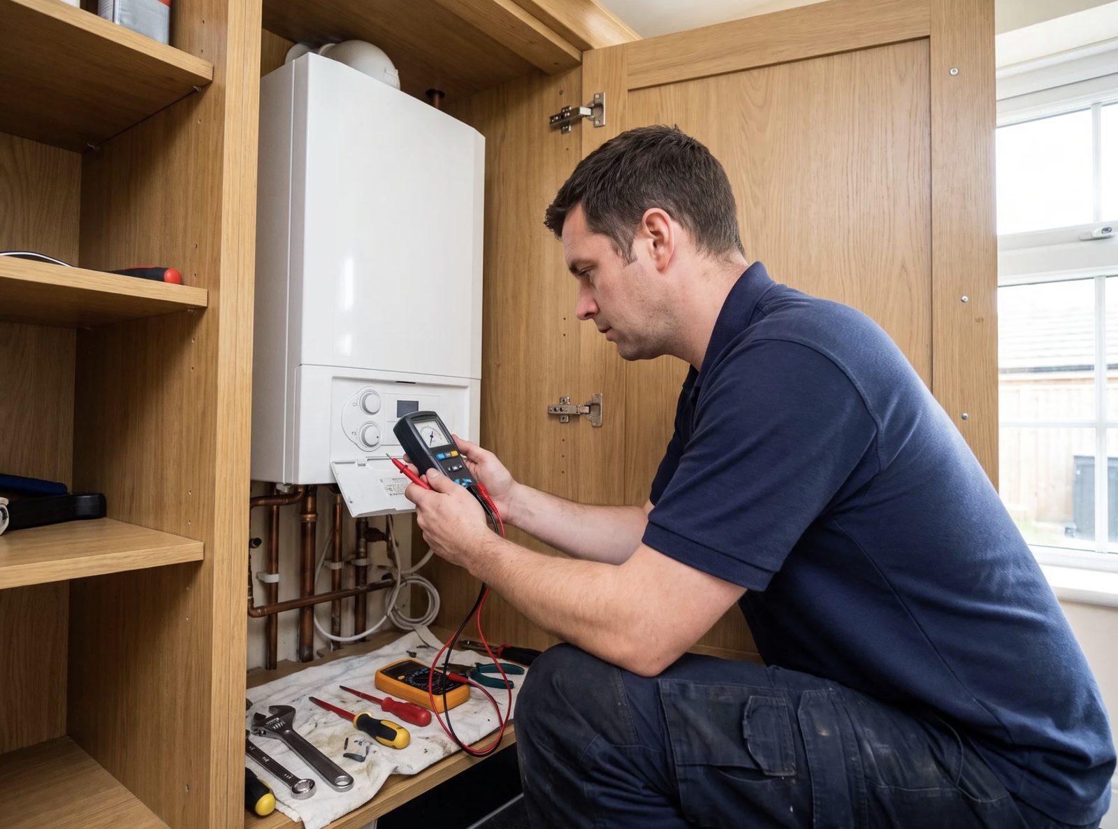Gas Safe engineer checking pressure on a combi boiler