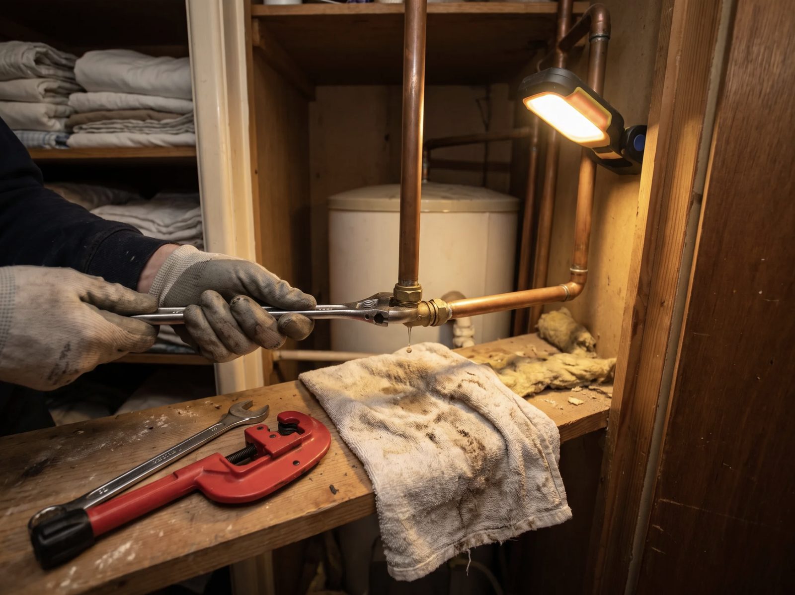 Plumber repairing a copper pipe in an airing cupboard