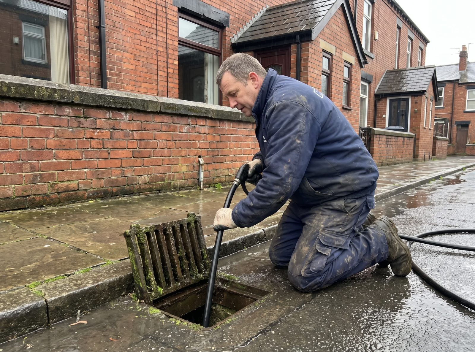 Plumber clearing a blocked outside drain with high-pressure jetting equipment