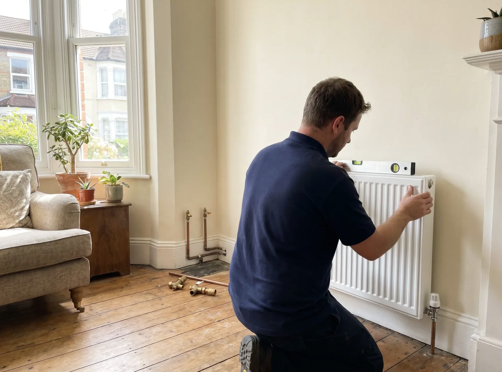 Heating engineer levelling a newly installed radiator