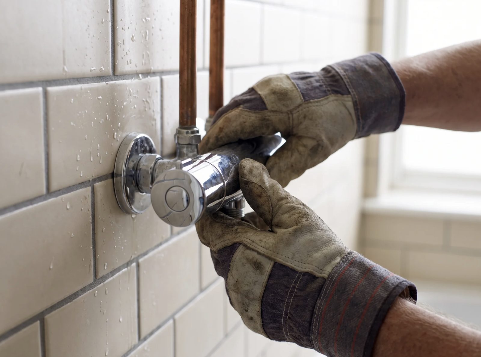 Plumber fitting a chrome shower valve on a tiled wall