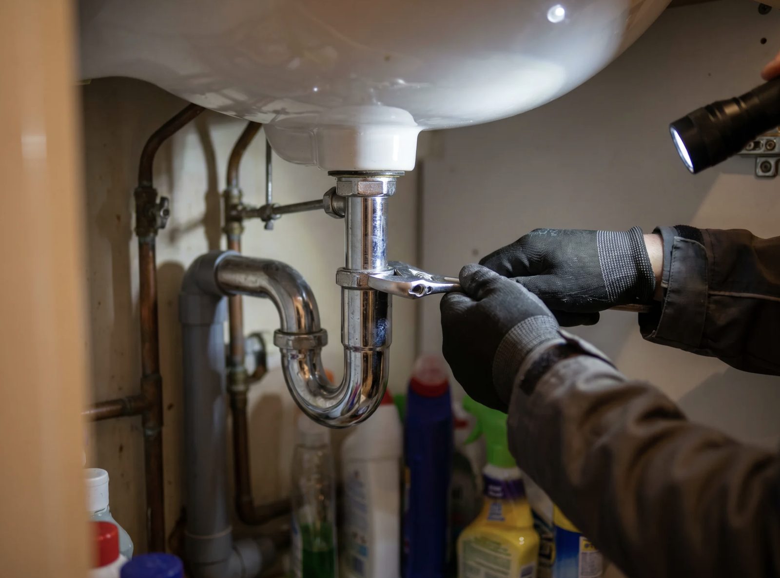 Plumber unblocking the pipework beneath a kitchen sink