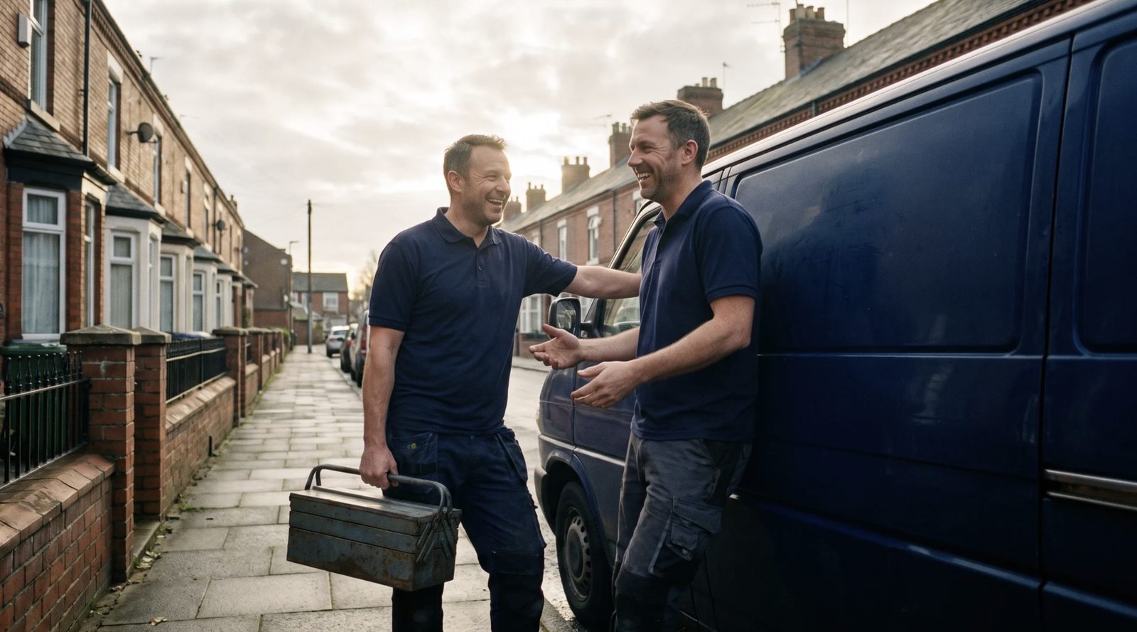 Plumbing Done Right engineers on a UK residential street — plumbers in Cambridge, Cambridgeshire