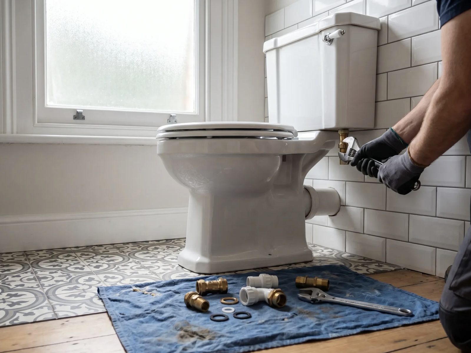 Plumber repairing the fill valve on a close-coupled toilet