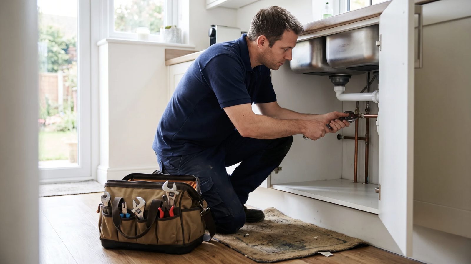 Plumber working at the pipework under a kitchen sink where stopcocks are commonly found